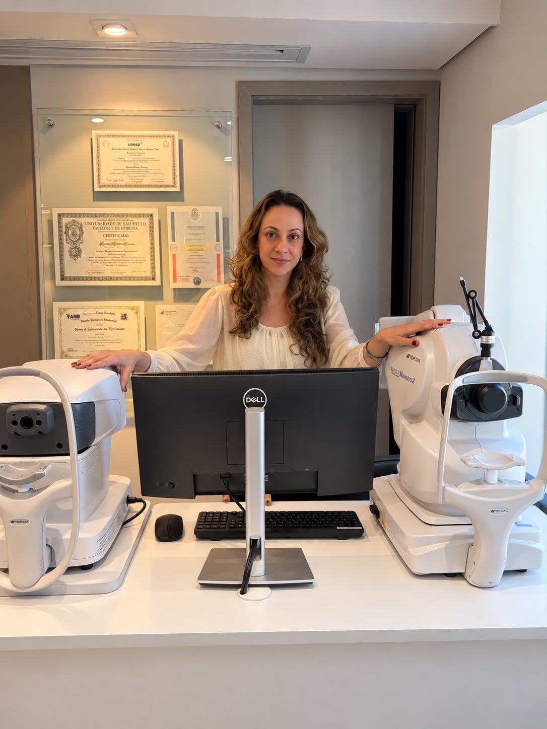 Dra. Inara na sala de exames complementares, entre os dois aparelhos de imagem, com os diplomas na parede
